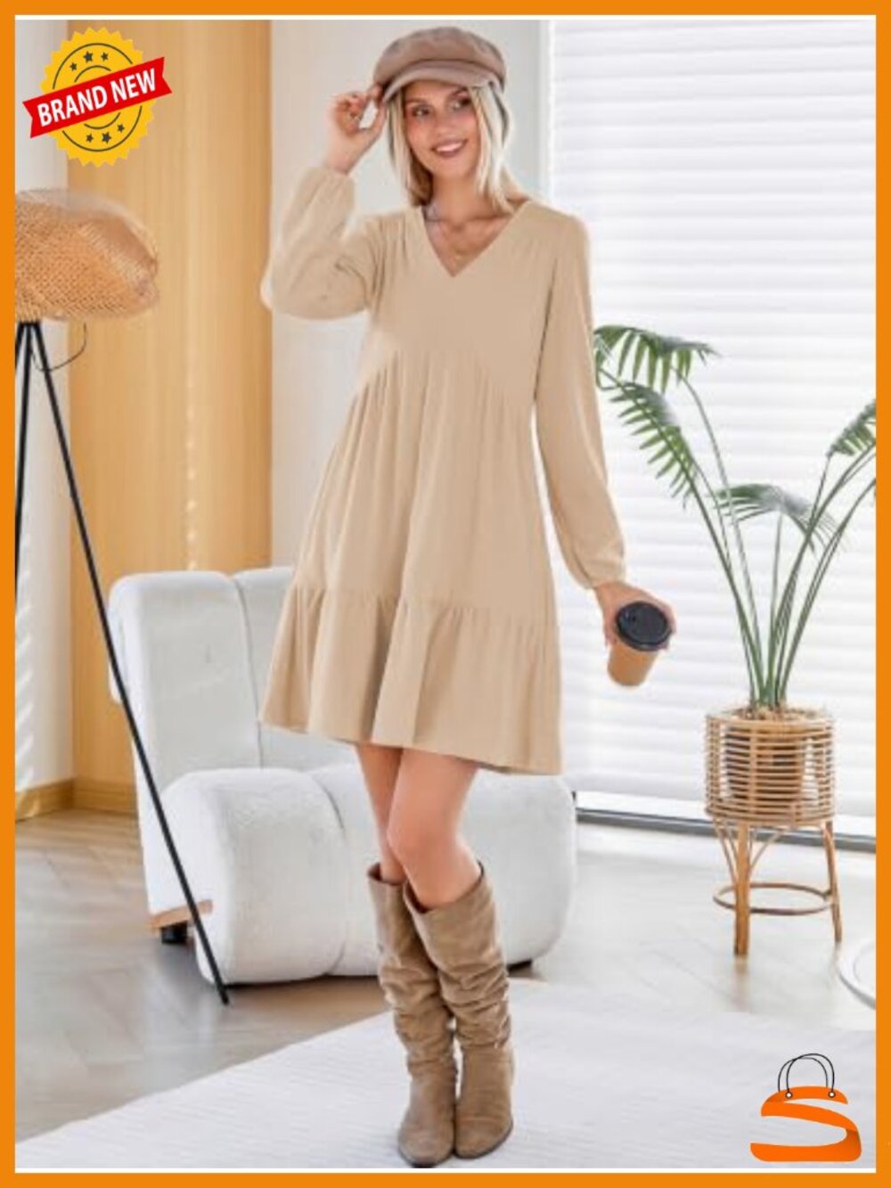 Naggoo Ribbed Knit Babydoll Sweater Dress Women Long Sleeve V Neck Ruffle Mini - Picture 5 of 6